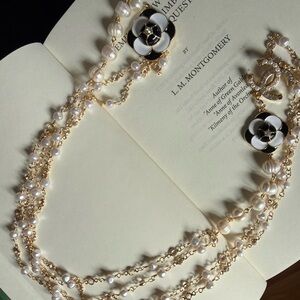 Designer Inspired Gold-Tone Pearl Camellia Long Necklace